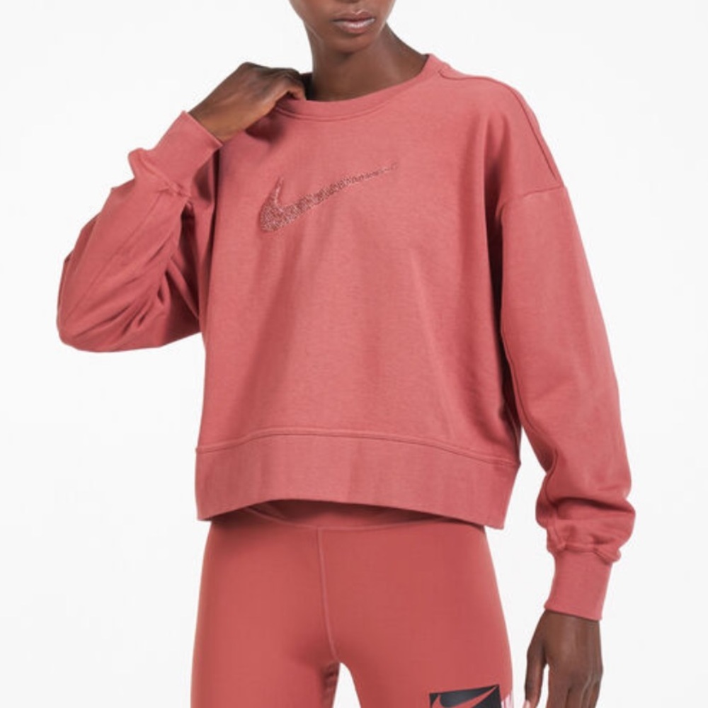 Women's Dri-FIT Get Fit Crew Sweatshirt Crop Fuzzy Orange Rose Cotton Athletic S